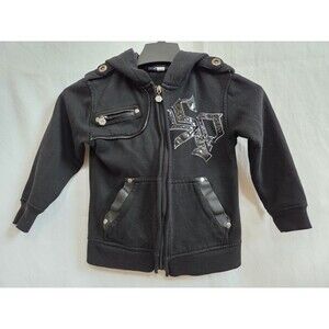 Vintage Y2K Southpole Kids Black Zip Up Hoodie Streetwear Faux Leather Trim Goth